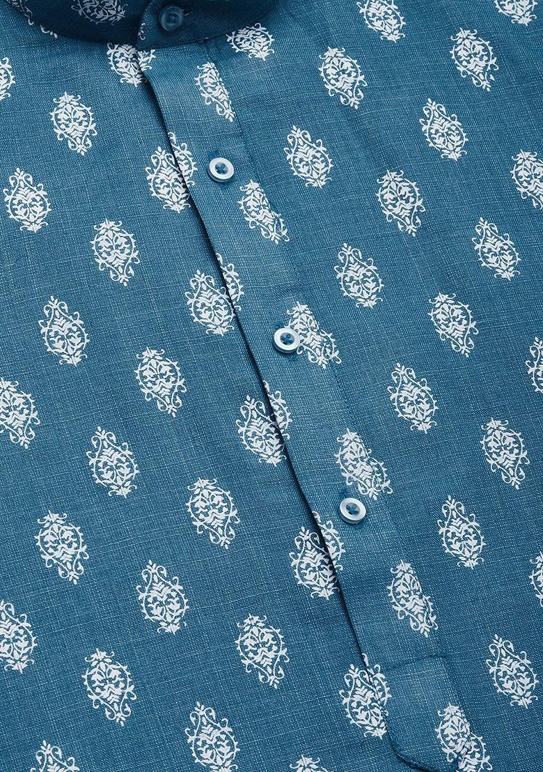Teal Blue Ethnic Motif Poly Blend Kurta For Men