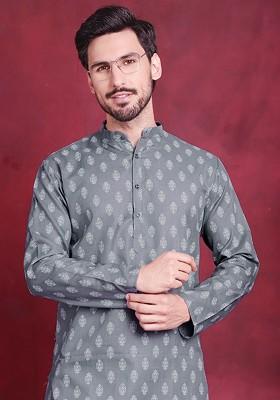 Grey Printed Poly Blend Kurta For Men