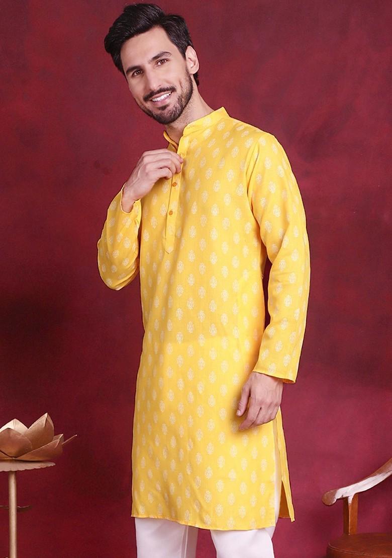 Yellow Printed Poly Blend Kurta For Men