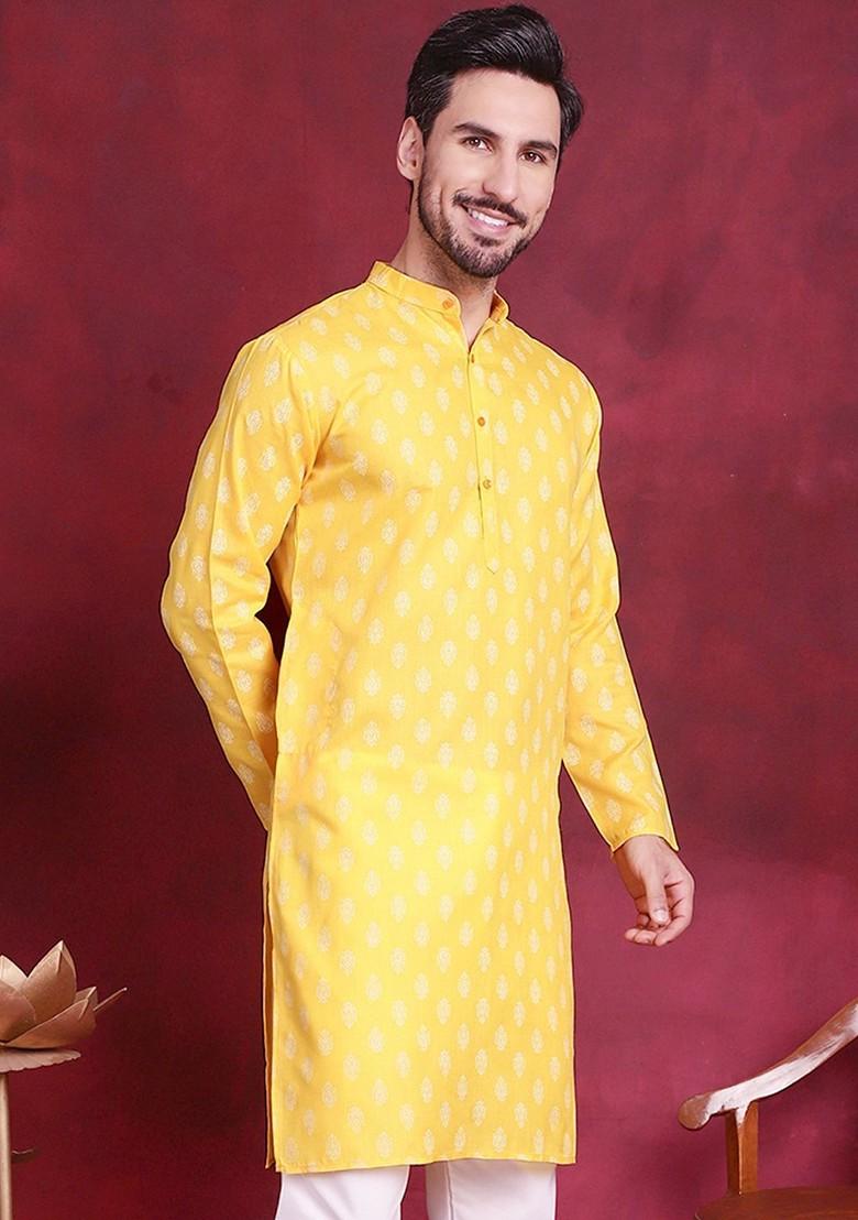 Yellow Printed Poly Blend Kurta For Men