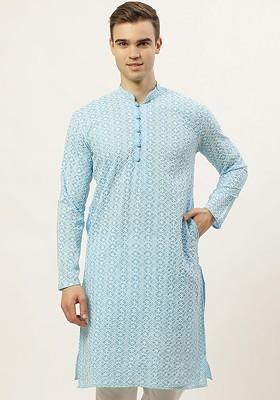 Turquoise Blue Embroidered Poly Blend Kurta For Men