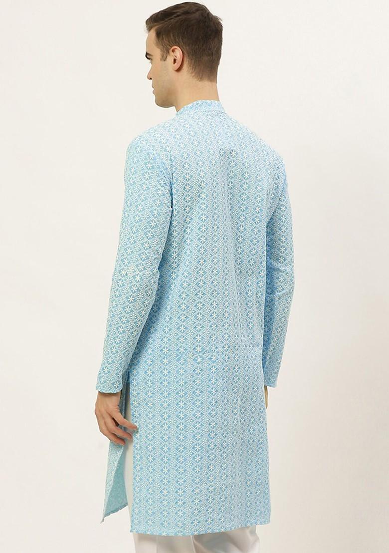 Turquoise Blue Embroidered Poly Blend Kurta For Men