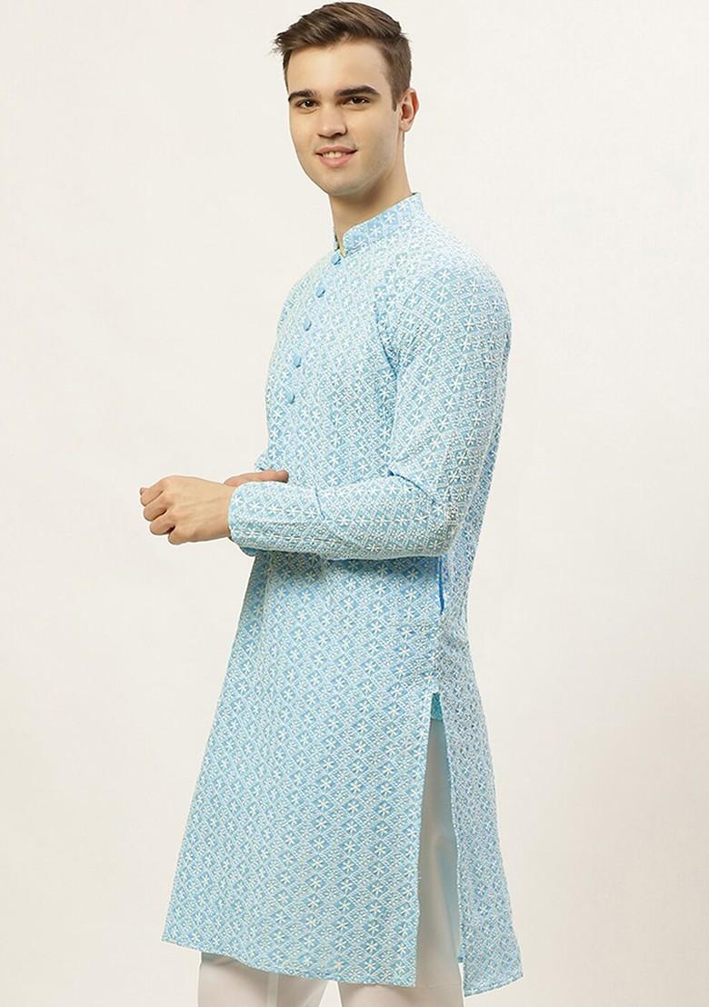 Turquoise Blue Embroidered Poly Blend Kurta For Men