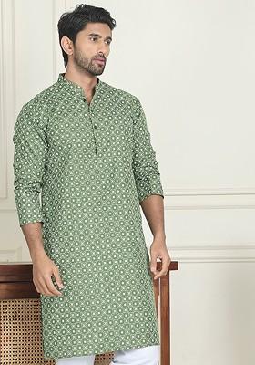 Olive Embroidered Poly Blend Kurta For Men
