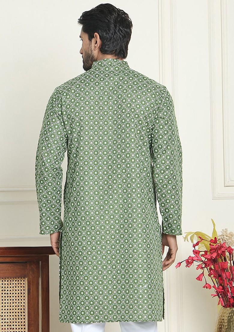 Olive Embroidered Poly Blend Kurta For Men