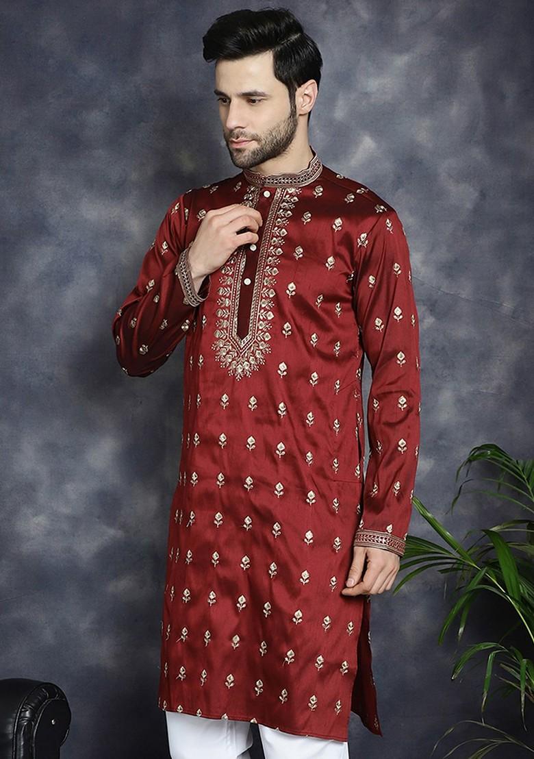 Maroon Printed Poly Blend Kurta For Men