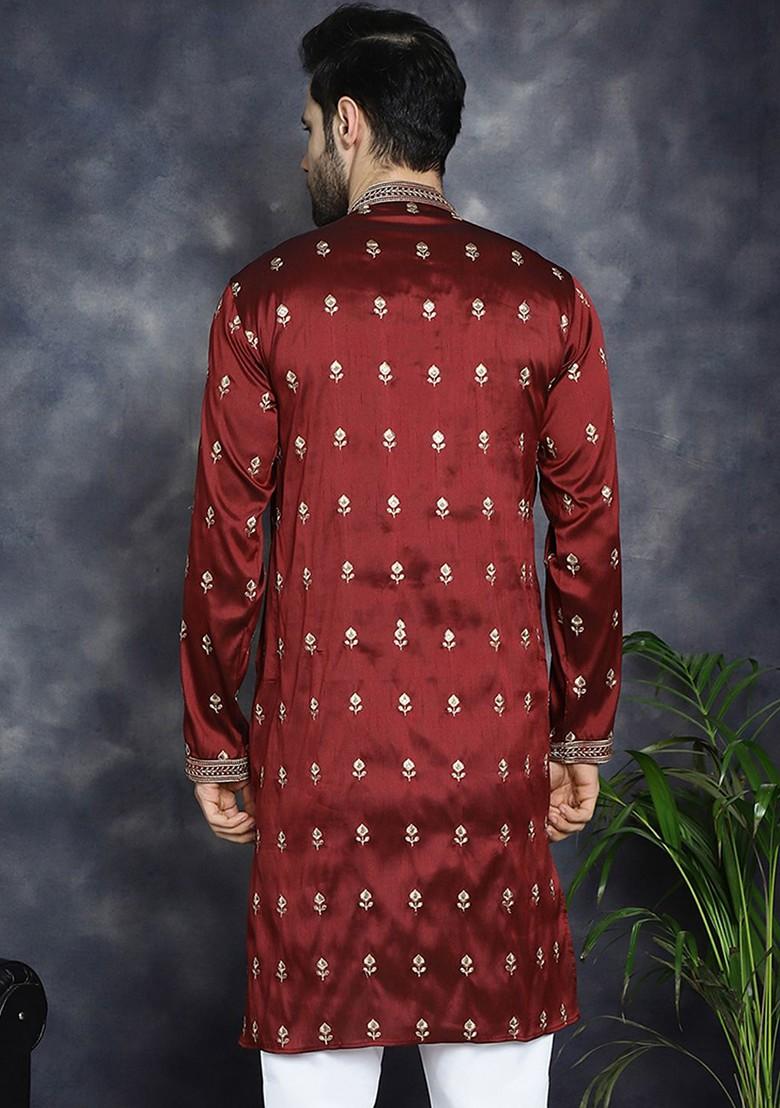 Maroon Printed Poly Blend Kurta For Men