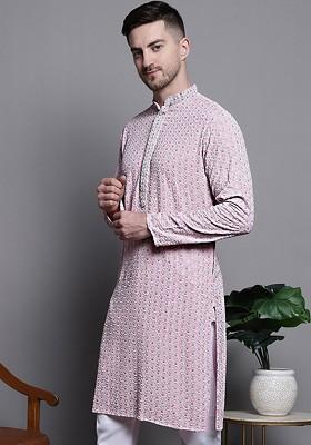 Pink Embroidered Poly Blend Kurta For Men