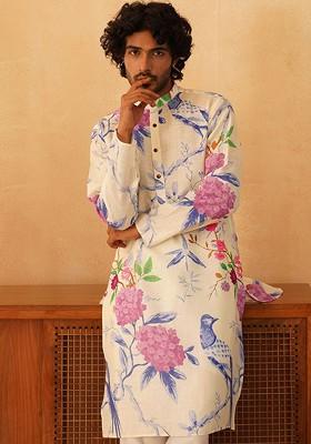 White Printed Poly Blend Kurta For Men