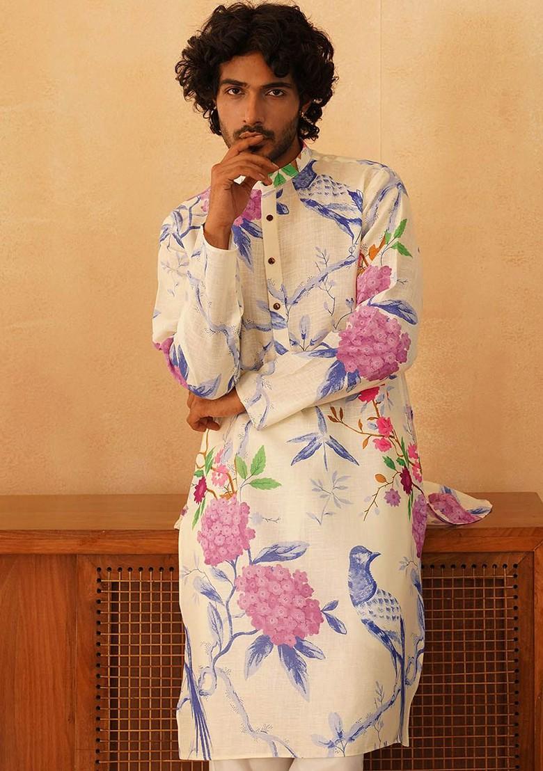 White Printed Poly Blend Kurta For Men