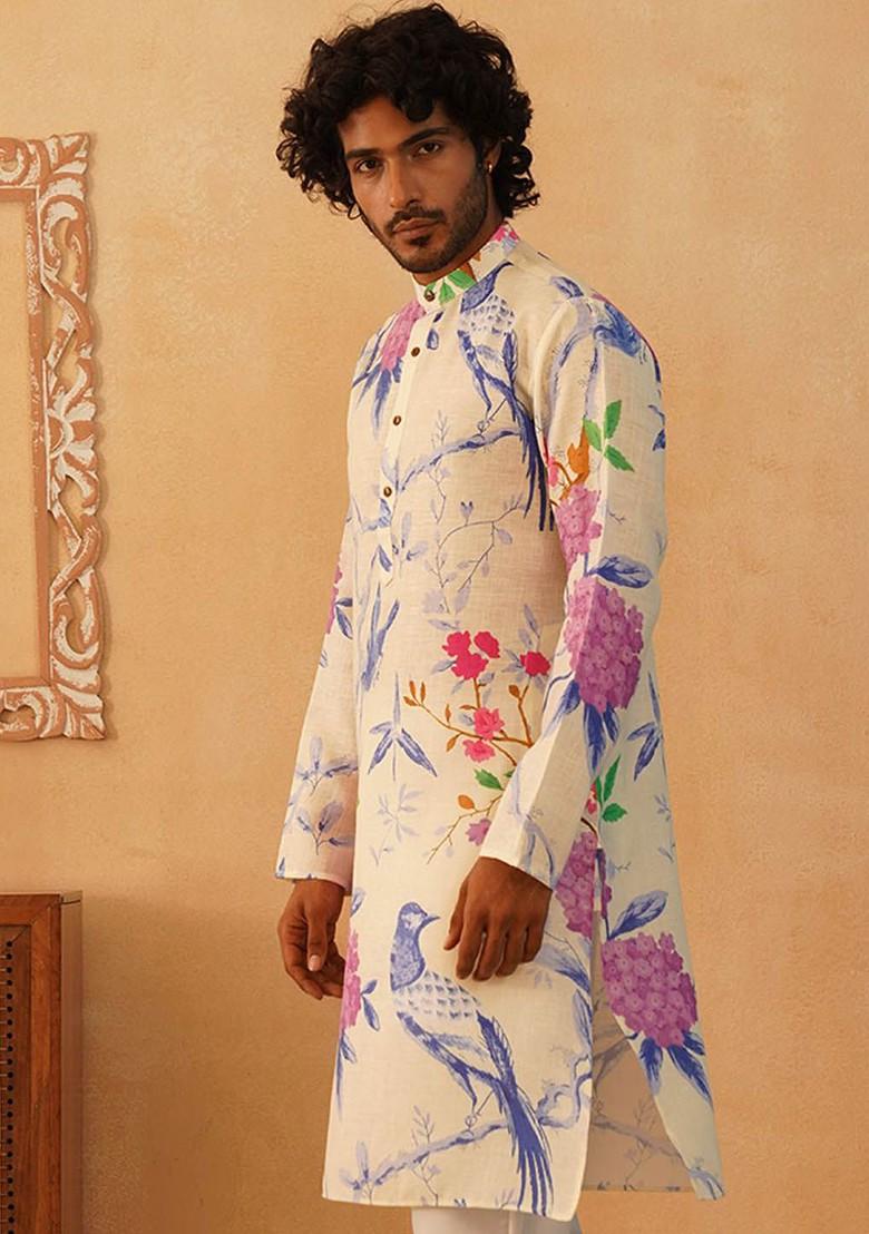 White Printed Poly Blend Kurta For Men