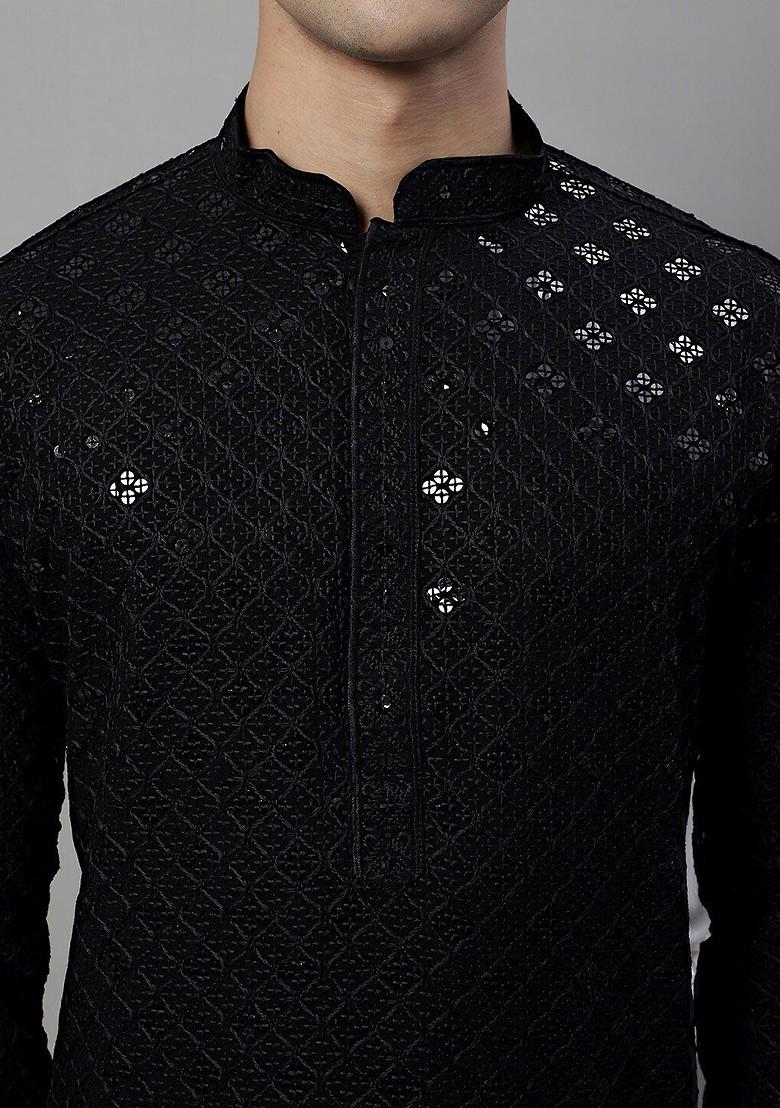 Black Ethnic Motif Poly Blend Kurta For Men