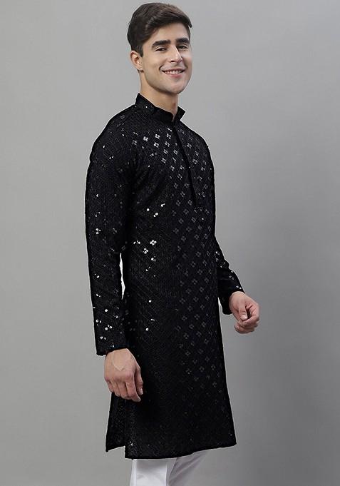 Black Ethnic Motif Poly Blend Kurta For Men — view on Indya