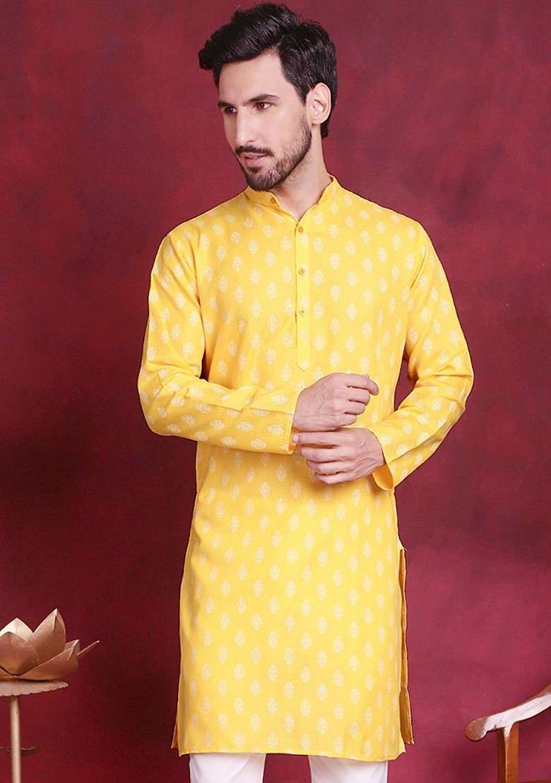Yellow Printed Poly Blend Kurta For Men - Indya