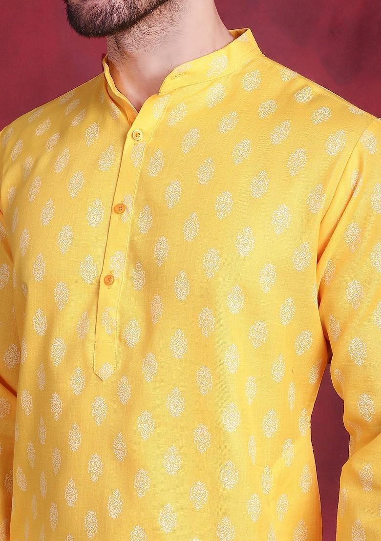 Yellow Printed Poly Blend Kurta For Men