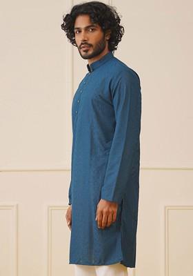 Teal Blue Embroidered Poly Blend Kurta For Men