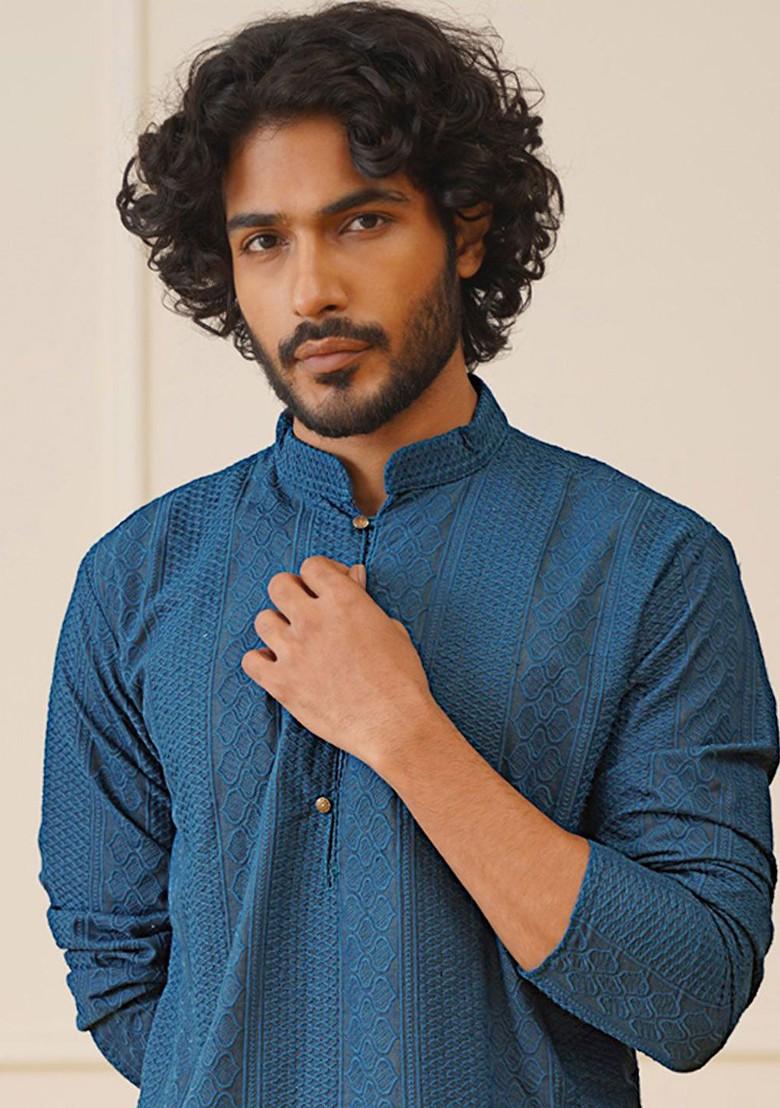 Teal Blue Embroidered Poly Blend Kurta For Men