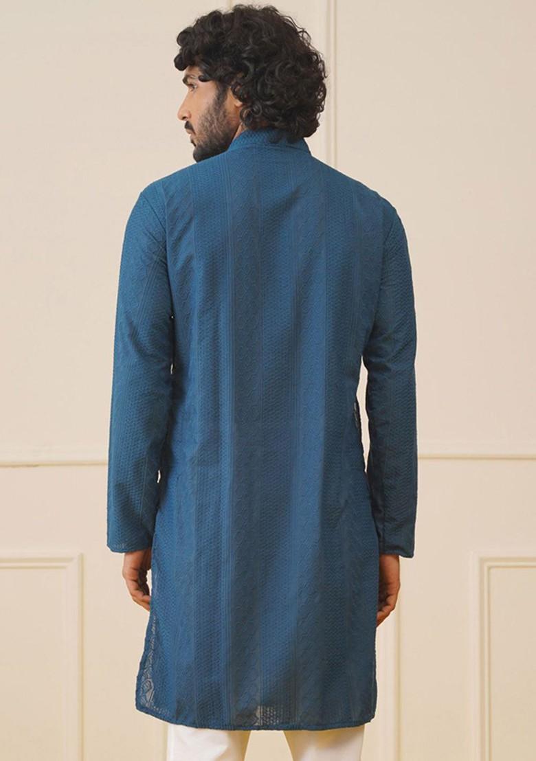 Teal Blue Embroidered Poly Blend Kurta For Men