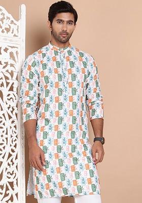 Off White Printed Poly Blend Kurta For Men