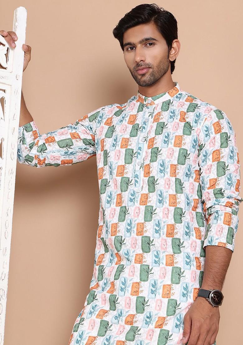Off White Printed Poly Blend Kurta For Men