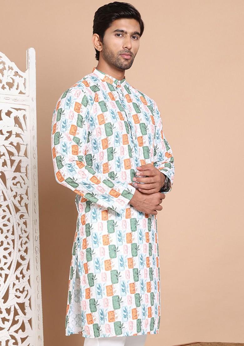 Off White Printed Poly Blend Kurta For Men