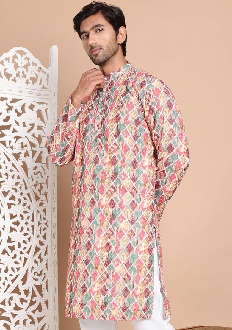 Multi Embroidered Poly Blend Kurta For Men