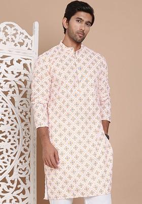 Orange Embroidered Poly Blend Kurta For Men