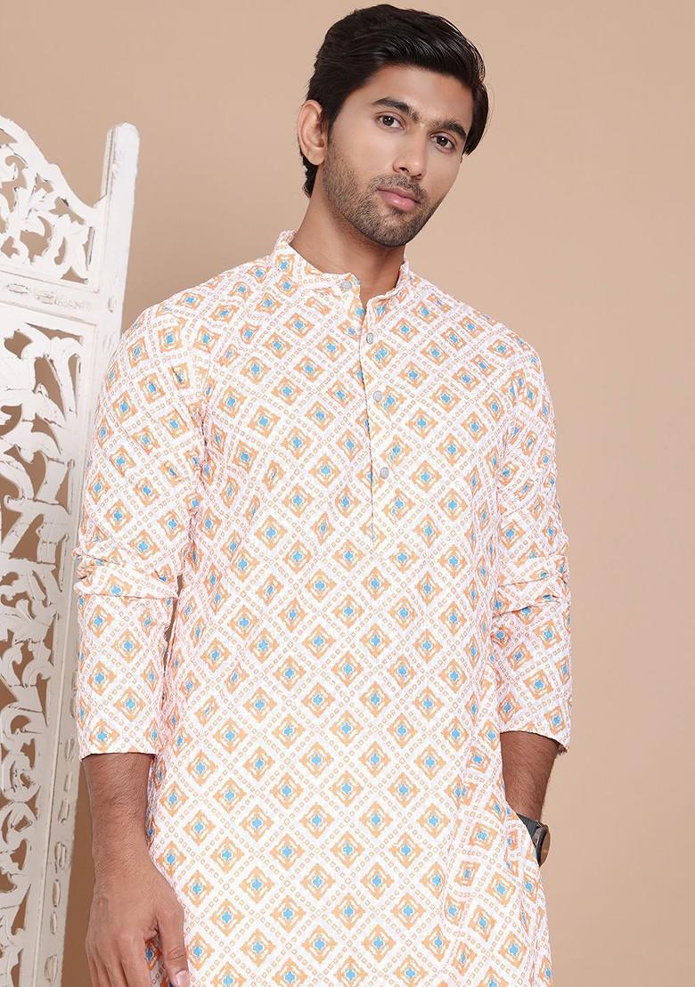 Orange Embroidered Poly Blend Kurta For Men
