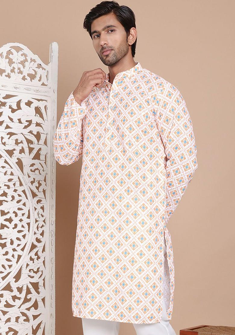 Orange Embroidered Poly Blend Kurta For Men