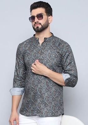 Olive Printed Poly Blend Kurta For Men