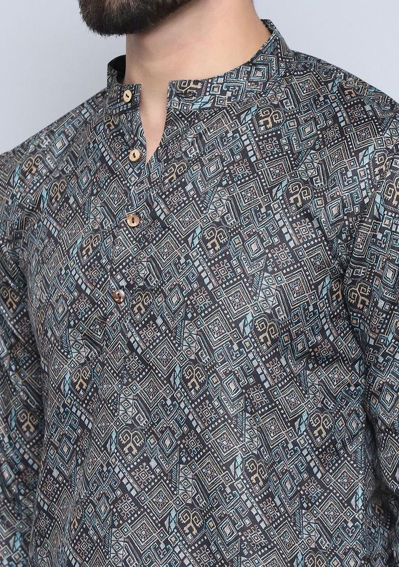 Olive Printed Poly Blend Kurta For Men