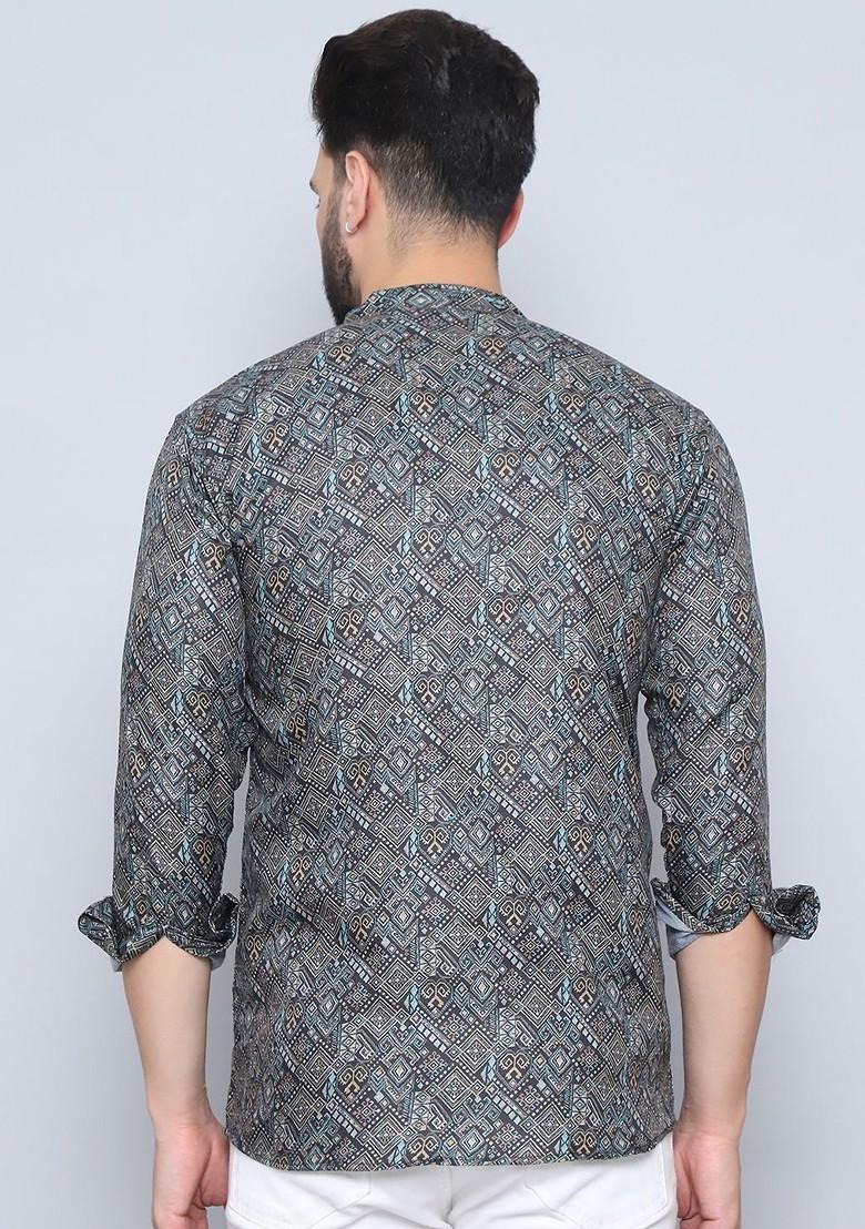 Olive Printed Poly Blend Kurta For Men