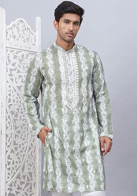 Green Printed Poly Blend Kurta For Men