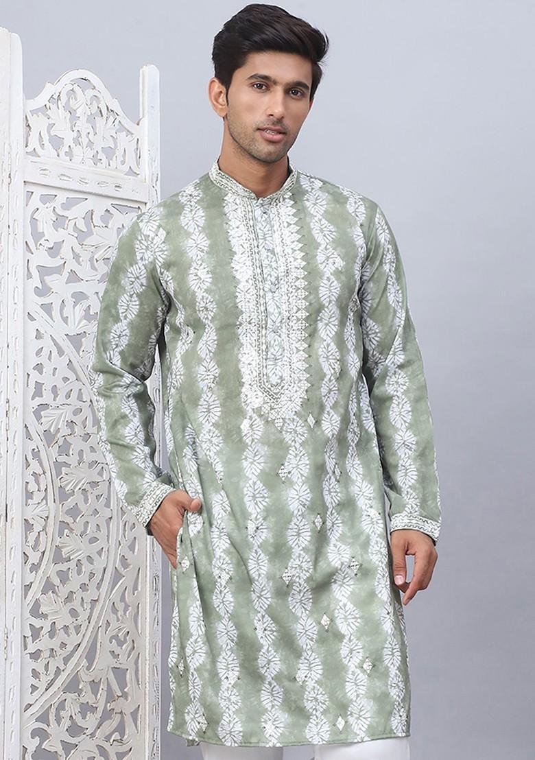 Green Printed Poly Blend Kurta For Men