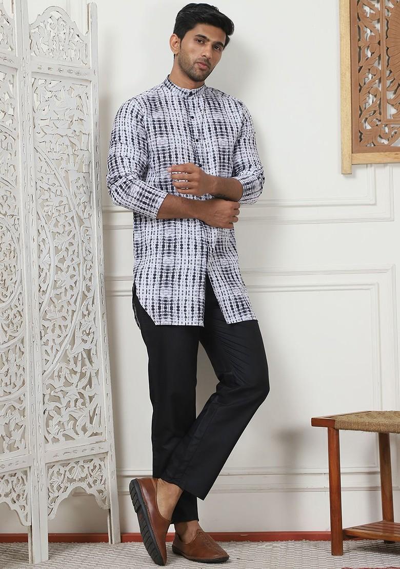 White Printed Poly Blend Kurta For Men