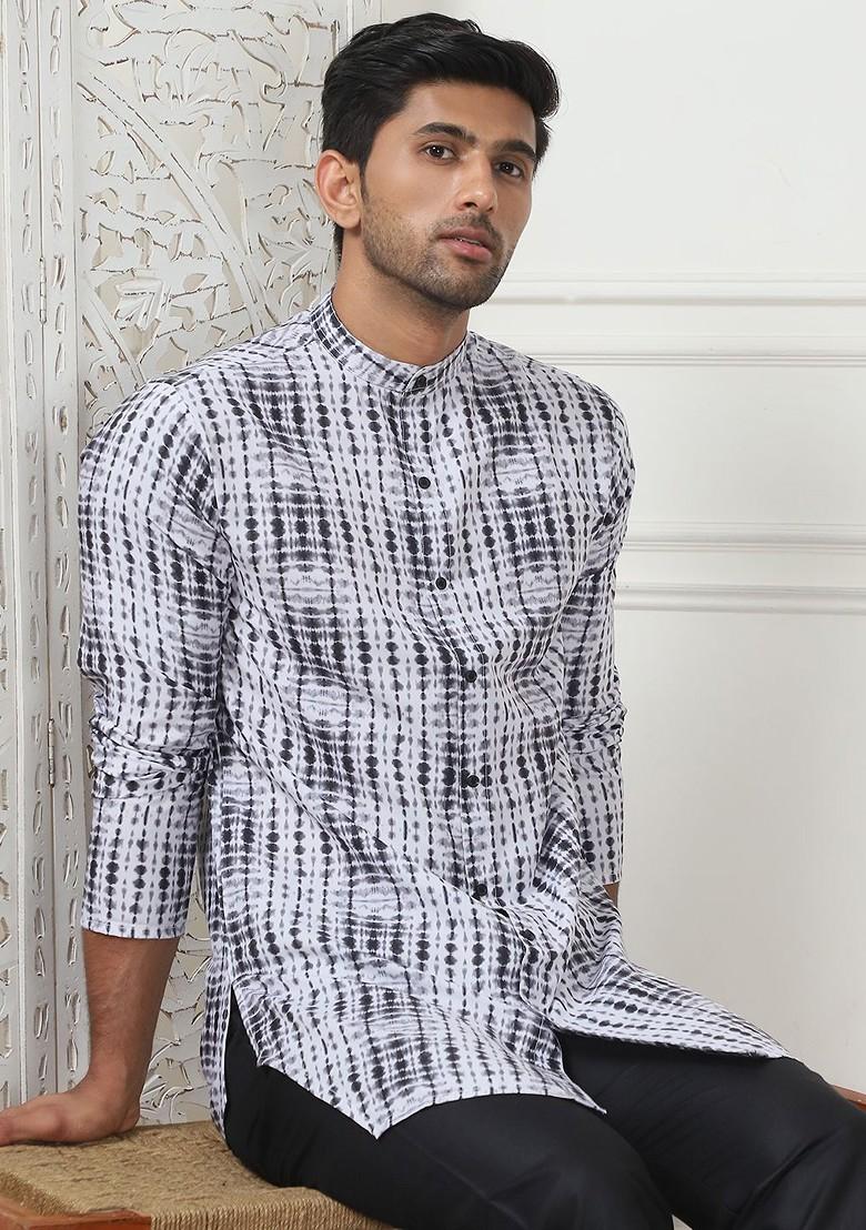 White Printed Poly Blend Kurta For Men