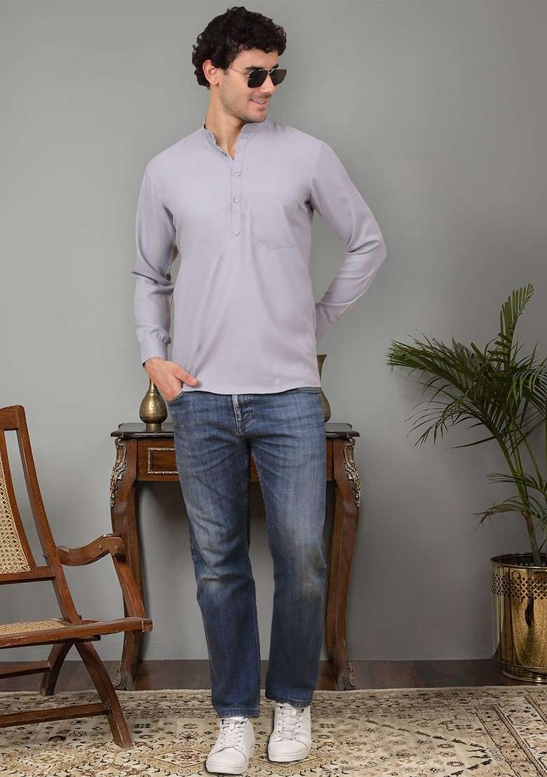 Grey Embroidered Poly Blend Kurta For Men - Indya
