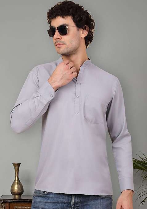 Grey Embroidered Poly Blend Kurta For Men