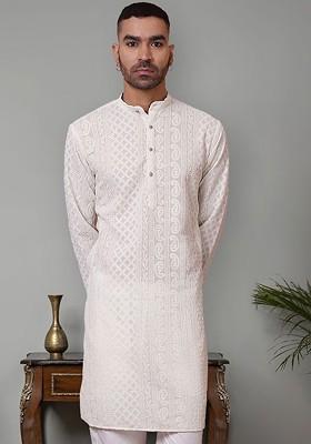 Off White Embroidered Poly Blend Kurta For Men