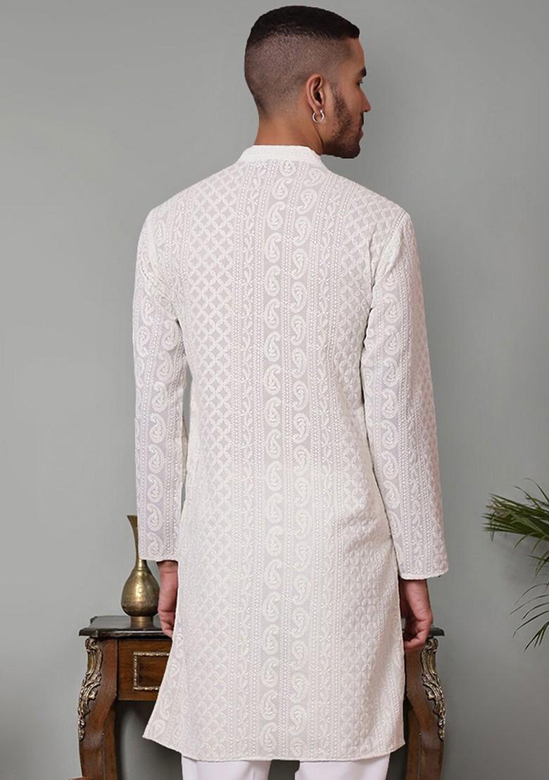 Off White Embroidered Poly Blend Kurta For Men