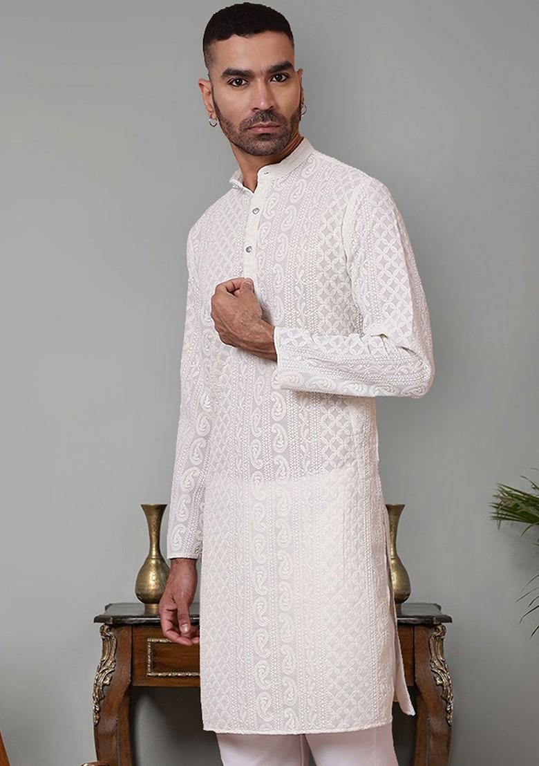 Off White Embroidered Poly Blend Kurta For Men
