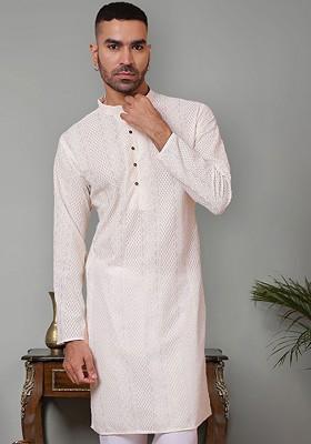 Cream Embroidered Poly Blend Kurta For Men