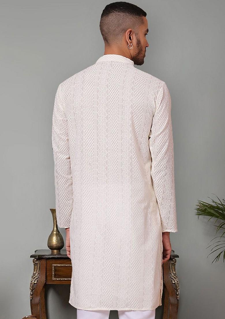 Cream Embroidered Poly Blend Kurta For Men
