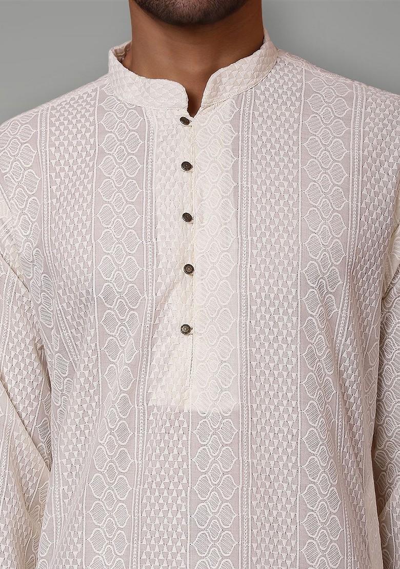 Cream Embroidered Poly Blend Kurta For Men