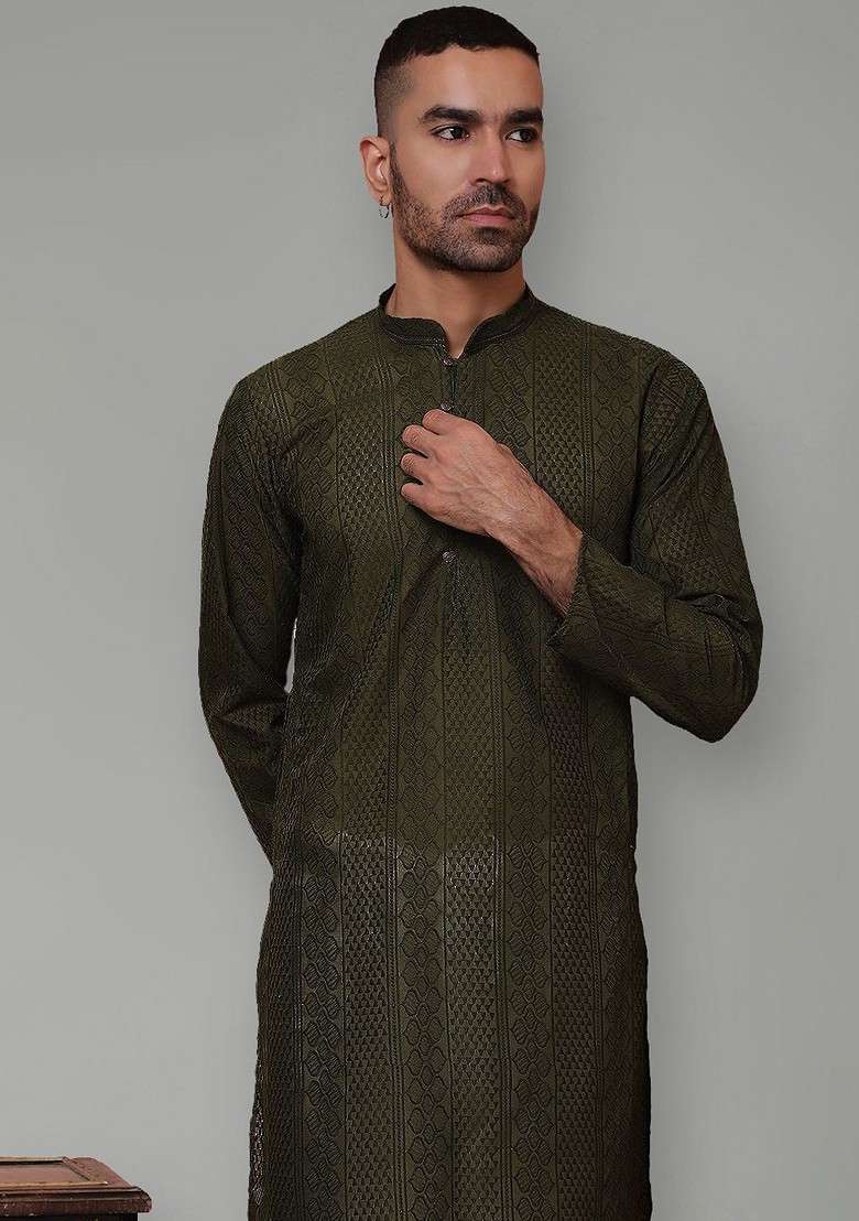 Olive Embroidered Poly Blend Kurta For Men - Indya