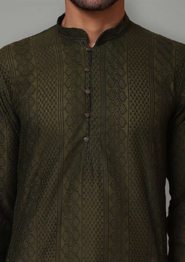 Olive Embroidered Poly Blend Kurta For Men - Indya