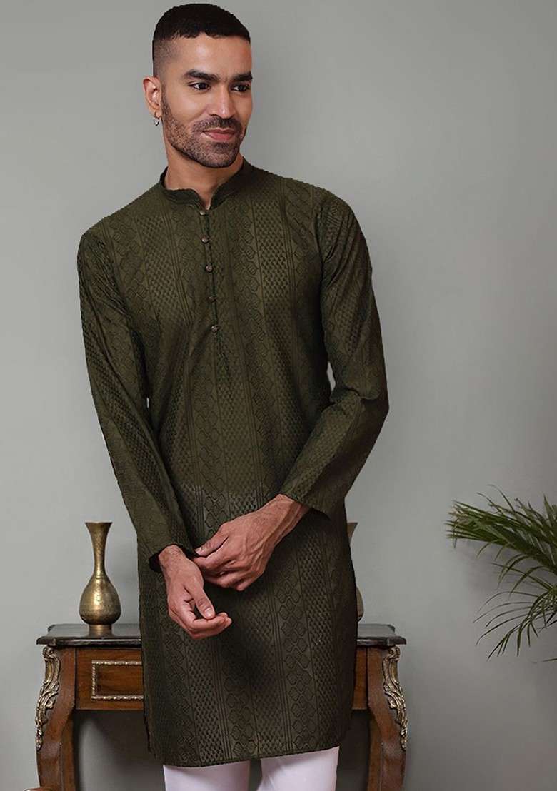 Olive Embroidered Poly Blend Kurta For Men - Indya
