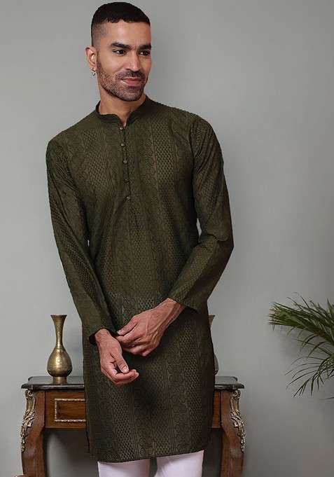 Olive Embroidered Poly Blend Kurta For Men