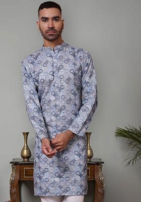 Grey Printed Poly Blend Kurta For Men