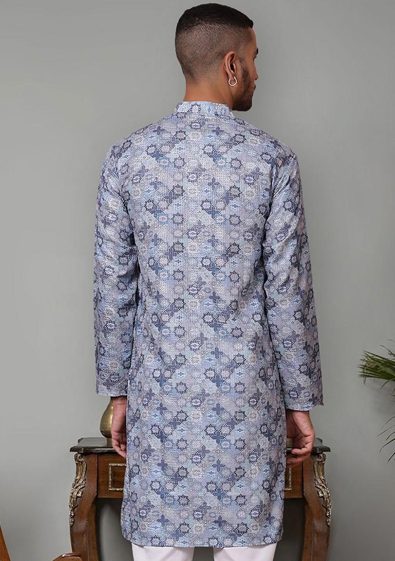 Grey Printed Poly Blend Kurta For Men